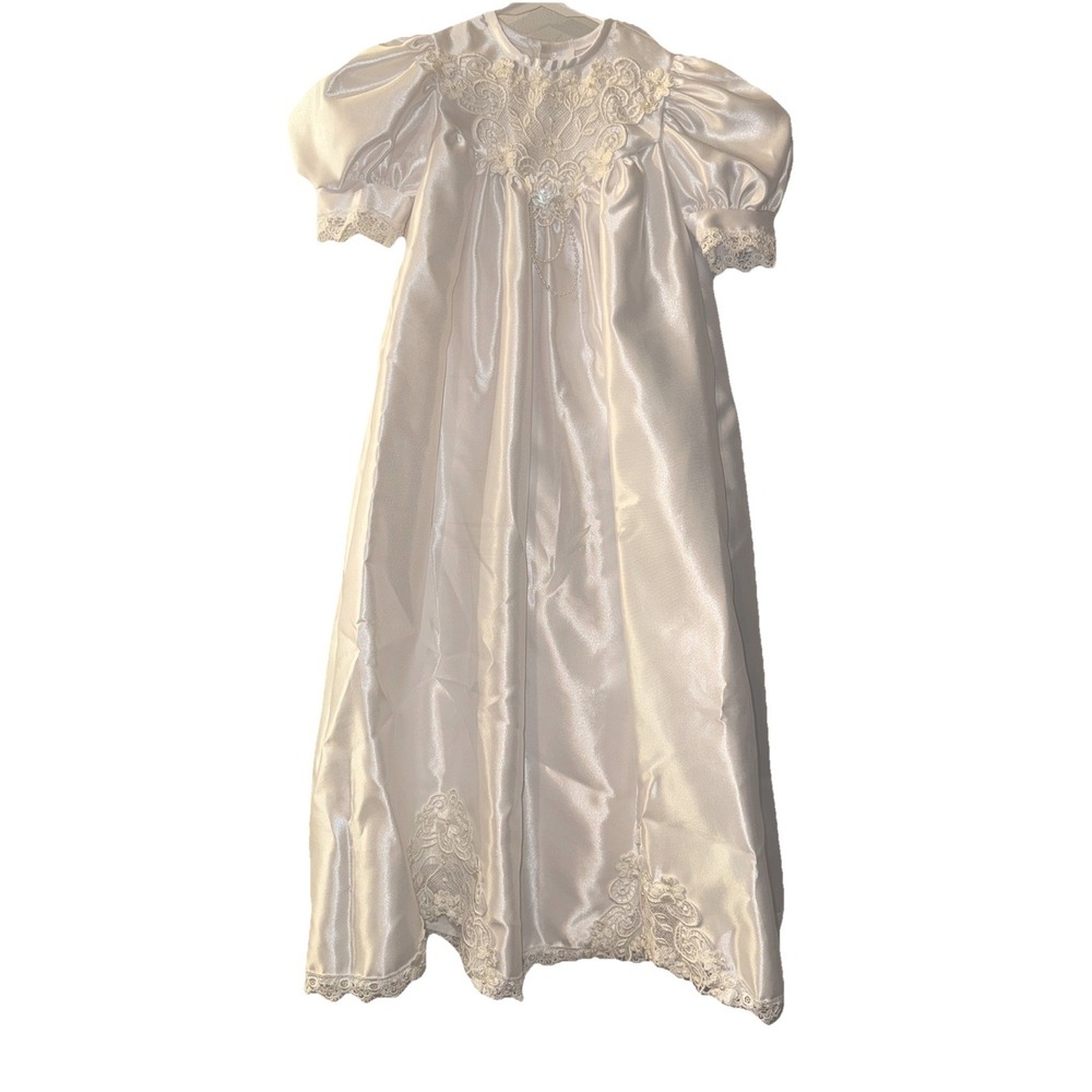 Little Things Mean A Lot Christening Gown White Satin Lace Faux Pearls Sz 24 M